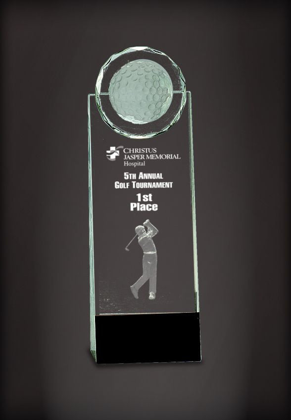 Clear Crystal Golf Upright on Black Base with 3D etched Golfer